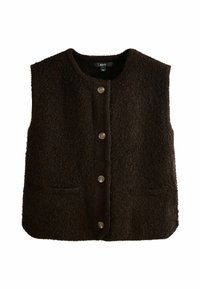 Bruine fleece vest met een ronde halslijn, sluiting met knopen aan de voorkant en twee zijzakken. Beschikt over een subtiele textuur en metalen knopen.