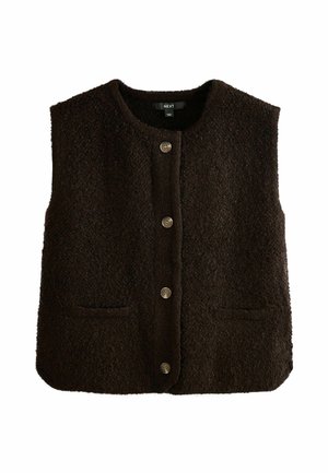 Bruine fleece vest met een ronde halslijn, sluiting met knopen aan de voorkant en twee zijzakken. Beschikt over een subtiele textuur en metalen knopen.