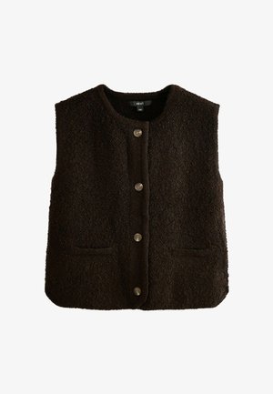 Gilet in pile marrone con scollo rotondo, chiusura frontale con bottoni e due tasche laterali. Presenta una trama sottile e bottoni metallici.