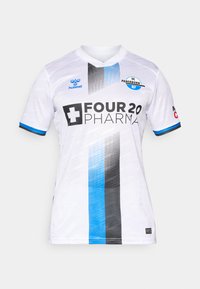 Maglia da calcio bianca del SC Paderborn 07 con strisce verticali nere e blu, loghi degli sponsor e bordi blu sulle maniche.