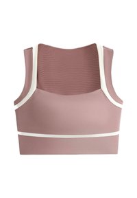 Brassière de sport mauve avec dos haut, bordure blanche le long des emmanchures et de la bande inférieure, réalisée en tissu lisse et texturé.
