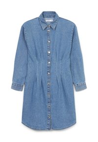 Robe chemise en denim avec un devant boutonné, un col, des manches longues et une taille élastique. Le tissu présente un délavage bleu moyen avec des détails de couture subtils.
