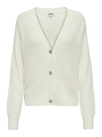 Weißer Cardigan mit V-Ausschnitt, langen Ärmeln und strukturiertem Stoff. Mit dekorativen Knöpfen auf der Vorderseite sowie gerippten Bündchen und Saum.