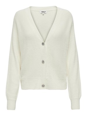 Hvid cardigan med V-hals, lange ærmer og struktureret stof. Har dekorative knapper ned langs fronten samt ribbede manchetter og kant.