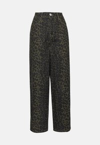 Leopard print wide-leg pants in olive green and black denim, featuring a high waist, button closure, and front pockets.