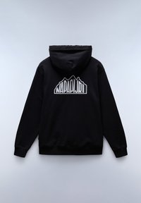 Felpa nera con cappuccio in misto cotone, caratterizzata da un grande logo bianco di montagna con il testo "NAPAPIJRI" sulla schiena, tessuto testurizzato e tasca a canguro.
