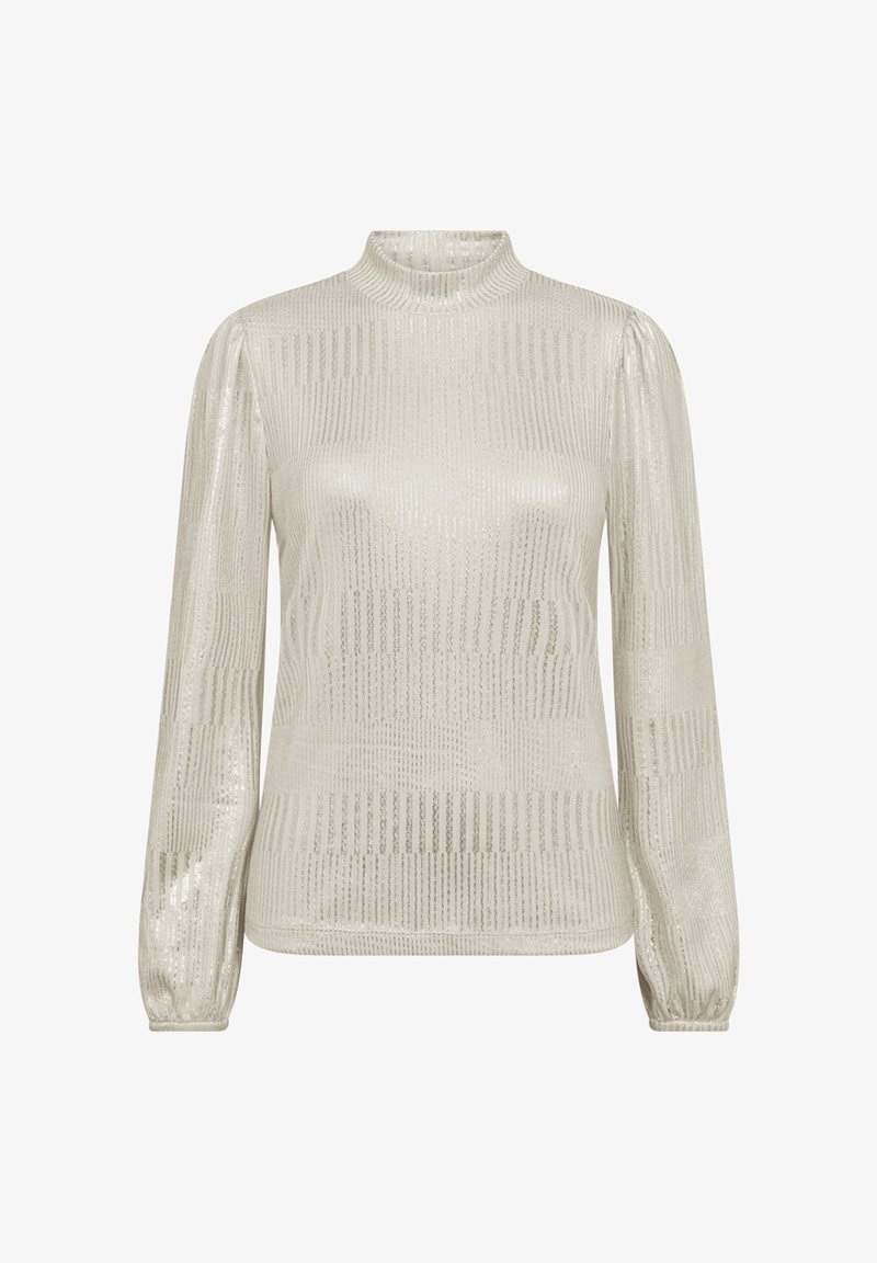 Langwerpige top van lichtmetallisch materiaal met ribbelstructuur en een aansluitende hoge hals; heeft ballonmouwen en horizontale streepdetails.