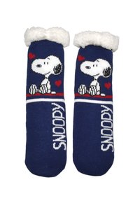 Navy blue socks with white fleece cuffs featuring a Snoopy design, hearts, and the word "SNOOPY" in white knit lettering.