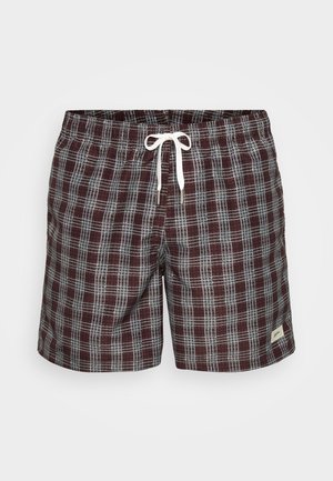 Geruite zwembroek in kastanjebruin en blauw. Gemaakt van lichtgewicht stof, met een elastische tailleband met een witte trekkoord en een klein logo-tag.