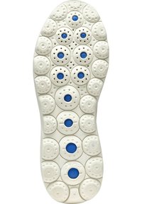 Sole della calzatura caratterizzata da gomma bianca con motivi circolari in rilievo e accenti circolari blu, progettata per trazione e comfort.