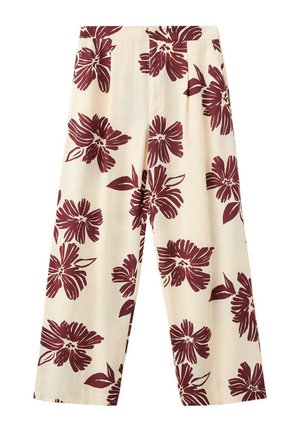 Cream-colored wide-leg pants with large dark red floral print, flat waistband, and relaxed fit.