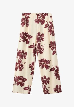 Crèmekleurige wijde broek met grote donkerrode bloemenprint, platte tailleband en een losse pasvorm.