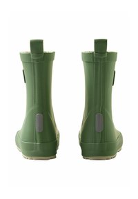 Bottes de cheville en caoutchouc vert avec une surface texturée, des languettes à l'arrière et des accents gris. Design lisse avec une semelle basse pour la stabilité.