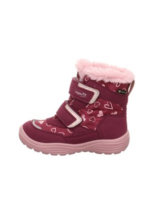 Lila wasserdichte Stiefel mit pinkem Kunstfellbesatz und Herzmustern. Verfügt über zwei Klettverschlüsse und eine gepolsterte Sohle für zusätzlichen Komfort.