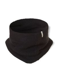 Zwarte geribbelde gebreide nekwarmer van zacht materiaal, met een gladde textuur en een dubbele ontwerp. Inclusief een merklabel aan de zijkant.