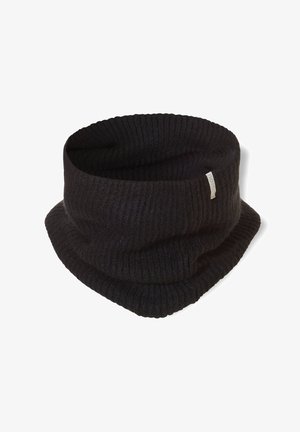 Black ribbed knit neck warmer made of soft fabric, featuring a smooth texture and folded design. Includes a branded tag on the side.