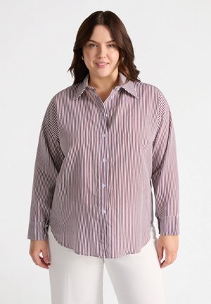 Striped button-up shirt in burgundy and white, featuring a collar, long sleeves, and relaxed fit with a curved hem.