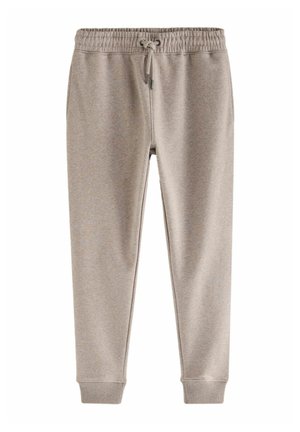 Lys grå sweatpants lavet af blødt stof, med en elastisk talje med snor og tætsiddende mansjetter ved anklerne.