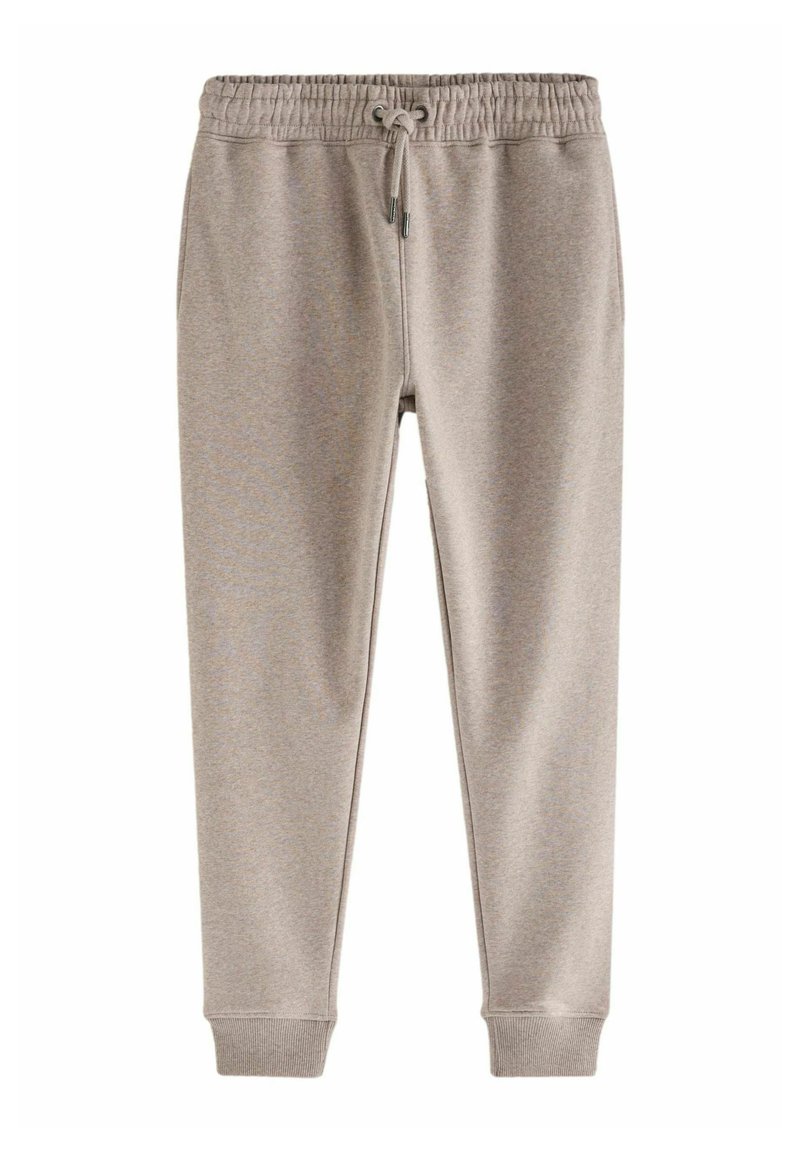 Pantalones de chándal grises claros hechos de una tela suave, con una cinturilla elástica con cordón y puños ajustados en los tobillos.