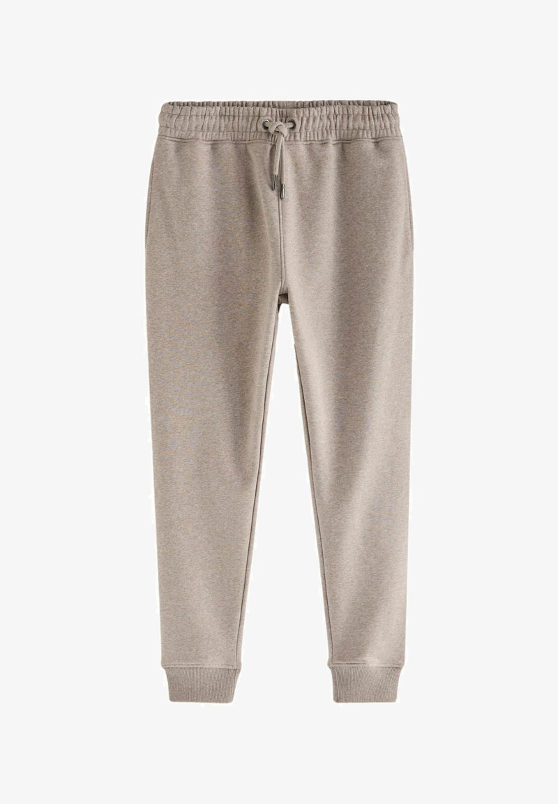 Hellgraue Jogginghosen aus weichem Stoff, mit einem elastischen Bund und einer Kordel sowie schmal zulaufenden Bündchen an den Knöcheln.