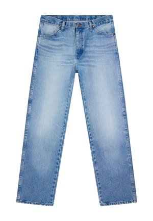 Világoskék farmernadrág egyenes szabással, öt zsebes kialakítással, gombos záródással és enyhén koptatott részletekkel az elülső combokon.