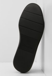 Schwarze Gummisohle mit horizontalen Rillen und strukturierten Oberflächen. Mit eingeprägtem "Calvin Klein"-Logo in der Nähe der Ferse.