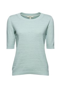 Pull tricoté bleu clair à manches courtes avec encolure ronde, poignets et ourlet côtelés, présenté sur un fond blanc.