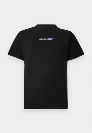 Zwarte katoenen t-shirt met korte mouwen, met een lichtblauwe "SANTA CRUZ" grafiek die gecentreerd op de borst staat in een gestileerd lettertype.