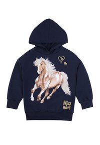 Felpa navy con grafica di un cavallo in pesca e bianco. Presenta una tasca frontale e il testo "Miss Melody" in oro. Tessuto di cotone morbido.