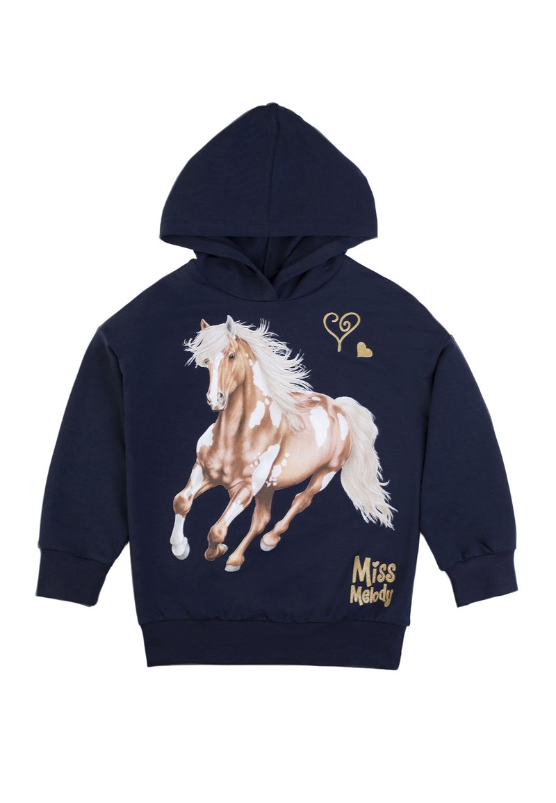 Felpa navy con grafica di un cavallo in pesca e bianco. Presenta una tasca frontale e il testo "Miss Melody" in oro. Tessuto di cotone morbido.