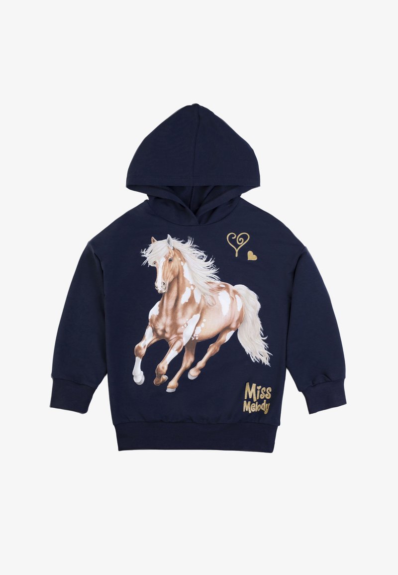 Felpa navy con grafica di un cavallo in pesca e bianco. Presenta una tasca frontale e il testo "Miss Melody" in oro. Tessuto di cotone morbido.