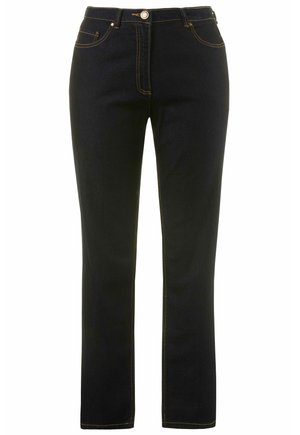 Black straight-leg jeans with front button, zipper, and five-pocket design, featuring orange contrast stitching.