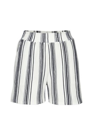 Pantalones cortos de tela blanca con rayas verticales negras y cintura elástica, mostrados sobre un fondo blanco liso.