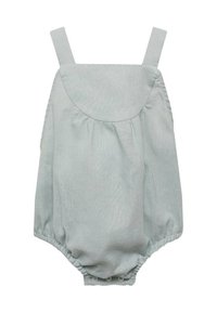 Svetlo zelena bombažna romper obleka z širokimi naramnicami, zaobljenim hrbtom, nabrano pasom in s pritrdilnimi zaprlji na dnu za enostavno preoblačenje.