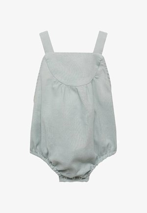 Hellgrüner Baumwoll-Overall mit breiten Trägern, abgerügtem Rücken, gerafftem Bund und Druckknöpfen am Boden für ein einfaches Wechseln.