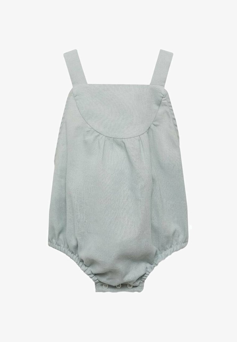 Svetlo zelena bombažna romper obleka z širokimi naramnicami, zaobljenim hrbtom, nabrano pasom in s pritrdilnimi zaprlji na dnu za enostavno preoblačenje.