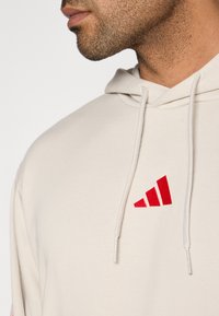 Felpa con cappuccio beige a maniche lunghe, con logo Adidas rosso sul petto. I cordini sono di colore chiaro; il tessuto appare morbido e strutturato.