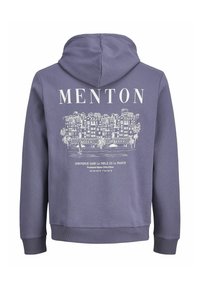Sudadera morada con cordón, que presenta un gráfico impreso en blanco de edificios de la ciudad y texto en la parte trasera. Puños y dobladillo acanalados.