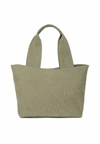 Plátěná taška na rameno olivově zelené barvy s dvěma uchy, obdélníkovým tvarem, texturovaným povrchem a otevřeným horním okrajem.