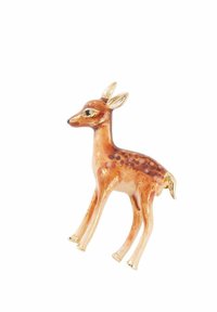 Ceramic deer figurine with a glossy orange-brown finish, gold accents on ears and hooves, and dark brown spots on the body.