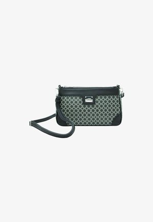 Borsa a tracolla in pelle nera con un davanti decorato da cerchi interconnessi, hardware in argento e una tracolla removibile. Chiusura con zip sulla parte superiore.