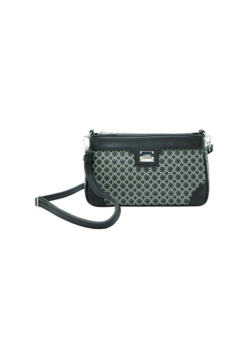 Borsa a tracolla in pelle nera con un davanti decorato da cerchi interconnessi, hardware in argento e una tracolla removibile. Chiusura con zip sulla parte superiore.