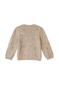 Beige gebreide trui met lange mouwen en bloemborduursel in roze, wit en groen. Ronde hals, geribbelde manchetten en zoom. Gelaagde afwerking.