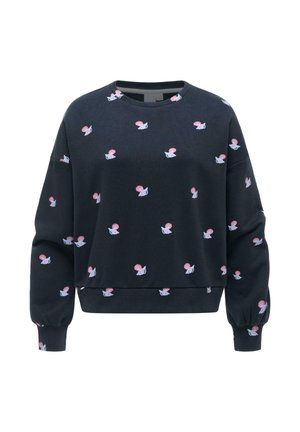 Dunkelblauer Pullover mit kleinen rosa und weißen Muschelmuster über den Stoff verteilt, ausgestattet mit langen, aufgebauschten Ärmeln und gerippten Bündchen.