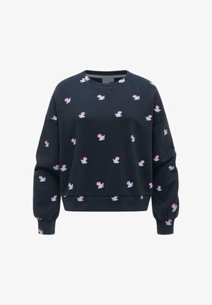 Dunkelblauer Pullover mit kleinen rosa und weißen Muschelmuster über den Stoff verteilt, ausgestattet mit langen, aufgebauschten Ärmeln und gerippten Bündchen.