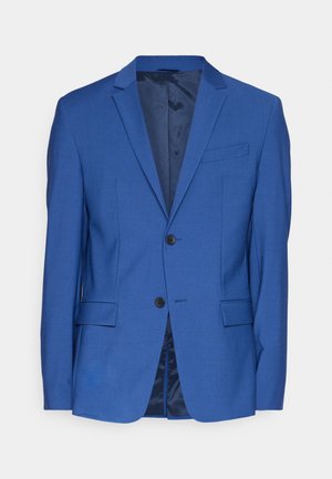 Blazer bleu en tissu texturé, doté de deux boutons, de revers crantés, d'une poche poitrine simple et de deux poches avant. Intérieur doublé.