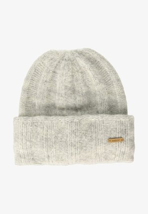 Béret tricoté gris clair avec un revers, texture en côtes verticales et une petite étiquette en métal sur le côté.