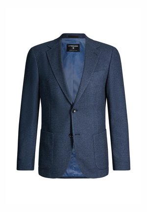 Men’s dark blue suit jacket with notch lapels, two front patch pockets, two buttons, and smooth inner lining.