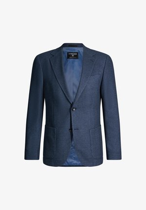 Dunkelblaues Herren-Sakko mit Kerb-Revers, zwei aufgesetzten Fronttaschen, zwei Knöpfen und glattem Innenfutter.