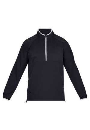 Veste noire à col zippé mi-hauteur, à manches longues et avec poches latérales ; présente des coutures blanches accentuées le long du zip.